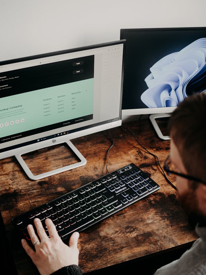 service-06 Adult man uses dual monitors for web design in a home office setting.